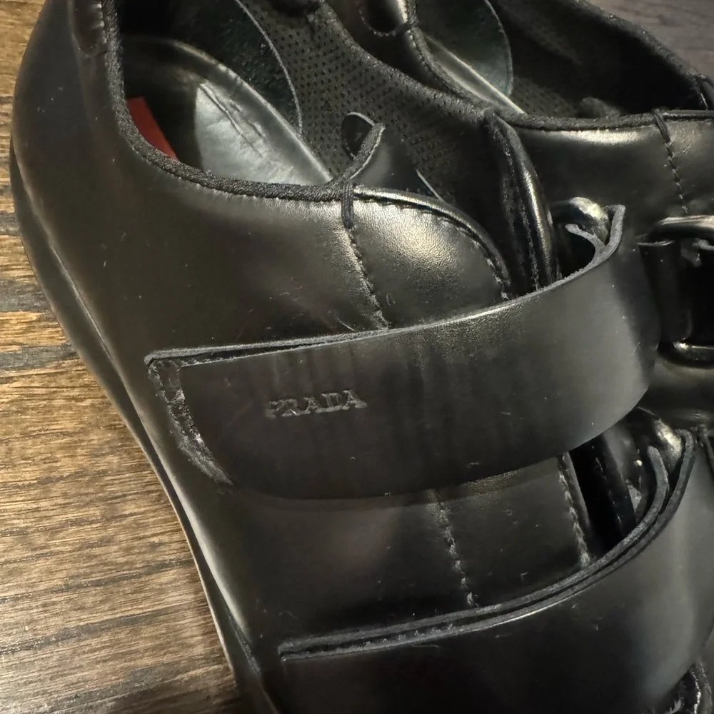 PRADA - Men’s Black Leather Sneakers With 2 Velcro Closure. Sz 10. Italy - Picture 2 of 7
